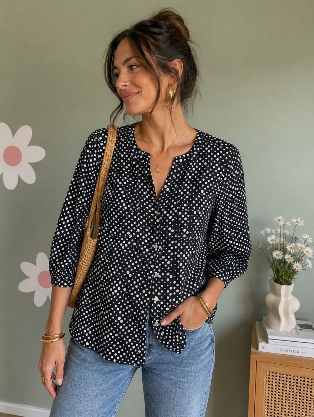 Coral Bay Black and White Polka Dot Button-Down Blouse